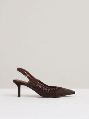 REISS Cecily Suede Twist Detail Slingback Court Shoes in Chocolate – brown cut out courts – pointed toe slingbacks