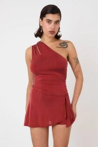 peachy den The Kylie Skort Dress in Redsandstone ~ semi sheer red one shoulder mini dresses