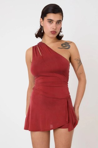 peachy den The Kylie Skort Dress in Redsandstone ~ semi sheer red one shoulder mini dresses