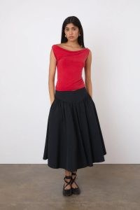 peachy den The Kylie Top in Tomato ~ red drape neck bardot tops ~ off the shoulder fashion