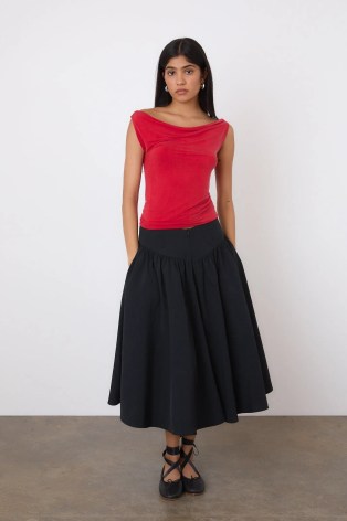 peachy den The Kylie Top in Tomato ~ red drape neck bardot tops ~ off the shoulder fashion