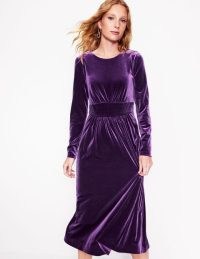 Boden Thea Velvet Midi Dress in Viola – purple plush fabric fit and flare party dresses