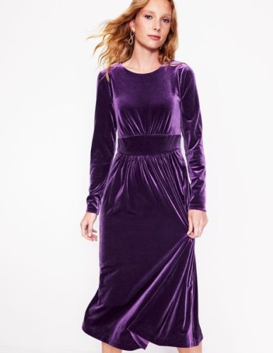 Boden Thea Velvet Midi Dress in Viola – purple plush fabric fit and flare party dresses