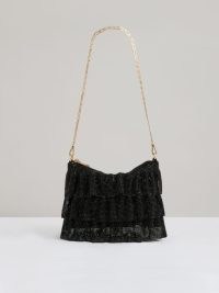 Reiss Rara Tiered Crystal Embellished Shoulder Bag in Black | sparkly layered evening bags