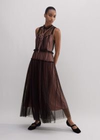 me and em Tulle Maxi Dress + Tie in Chocolate Brown/Pink – luxury sheer overlay dresses – feminine occasion clothes – romantic event fashion – luxe clothing