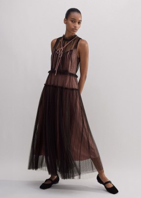 me and em Tulle Maxi Dress + Tie in Chocolate Brown/Pink – luxury sheer overlay dresses – feminine occasion clothes – romantic event fashion – luxe clothing