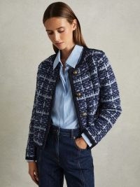 Reiss Felicity Tweed Effect Cardigan with Merino in Blue | chic tweed style cardigans | boxy knitted jacket with metallic fibres and gold buttons