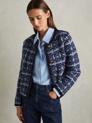 Reiss Felicity Tweed Effect Cardigan with Merino in Blue | chic tweed style cardigans | boxy knitted jacket with metallic fibres and gold buttons