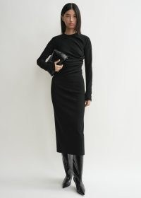 TOTEME Twisted jersey dress in black ~ chic fitted long sleeve twist detail midi dresses ~ asymmetric gathered details