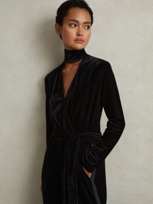 REISS Vera Velvet Belted Wide Leg Jumpsuit Black – chic long sleeve high neck cut out jumpsuits – women’s sophisticated evening clothes