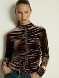 REISS Ari Velvet Ruched Long-Sleeve Top in Chocolate – fitted long sleeve high neck tops