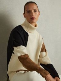 Reiss Ezra Wool and Cashmere Colourblock Intarsia Jumper in Cream Brown / women’s colour block roll neck jumpers / neutral knitwear