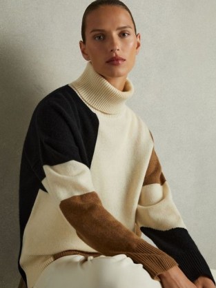 Reiss Ezra Wool and Cashmere Colourblock Intarsia Jumper in Cream Brown / women’s colour block roll neck jumpers / neutral knitwear