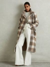 Reiss Piper Wool Blend Check Double Breasted Coat in Neutral Check / chic checked funnel neck winter coats