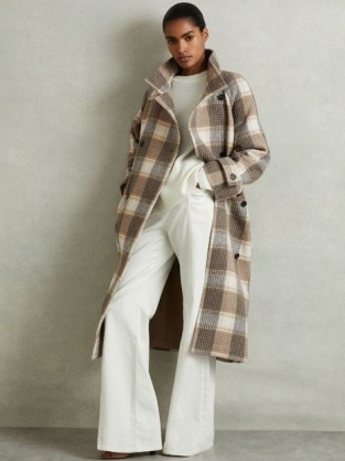 Reiss Piper Wool Blend Check Double Breasted Coat in Neutral Check / chic checked funnel neck winter coats