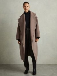 Reiss Bridget Wool-Blend Blindseam Coat in Mink | women’s longline tie waist wide notched lapel winter coats | chic outerwear