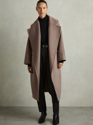 Reiss Bridget Wool-Blend Blindseam Coat in Mink | women’s longline tie waist wide notched lapel winter coats | chic outerwear