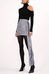 Nonchalant Label Adie Sequin Mini Skirt in Silver | short draped sash detail occasion skirts | sequinned evening fashion