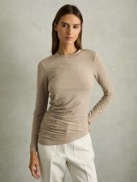 REISS Lucia Asymmetric Ruched Top With Wool Neutral ~ long sleeve crew neck tops