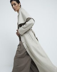 River Island Beige Wool Blend Oversized Cape Coat | women’s chic tie waist longline winter coats