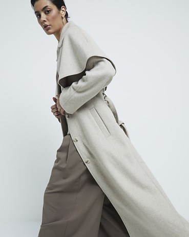 River Island Beige Wool Blend Oversized Cape Coat | women’s chic tie waist longline winter coats