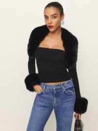 Reformation Clarissa Cashmere Faux Fur Bolero Set in Black – fake fur trimmed fashion set – glamorous clothing – winter glamour