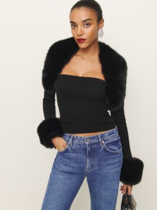 Reformation Clarissa Cashmere Faux Fur Bolero Set in Black – fake fur trimmed fashion set – glamorous clothing – winter glamour