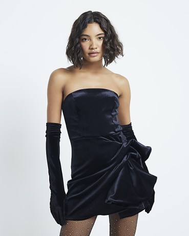 River Island Black 3D Velvet Mini Dress | bandeau LBD | strapless gathered detail party dresses