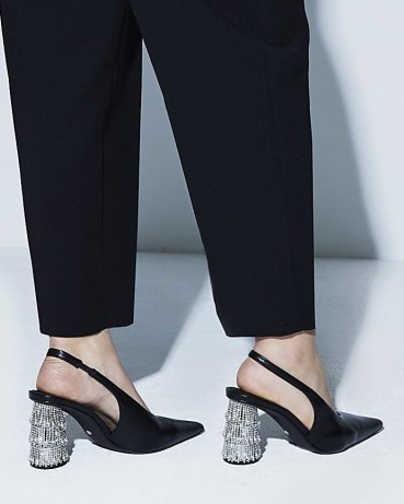 River Island Black Diamante Heel Sling Back Court Shoes | embellished heels | pointed party slingback shoes | evening slingbacks