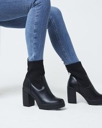 River Island Black Faux Leather Quilted Knit Heeled Boots – women’s chunky block heel platform boot