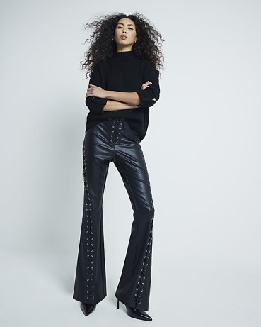 River Island Black Faux Leather Western Trousers – women’s flared hem lace up detail trouser – womens fake leather fashion