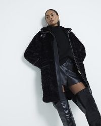 River Island Black Faux Shearling Coat | women’s plush zip up winter coats