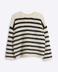 River Island Black Fluffy Knit Stripe Jumper | fluffy oversized monochrome striped jumpers | relaxed fit crew neck sweater