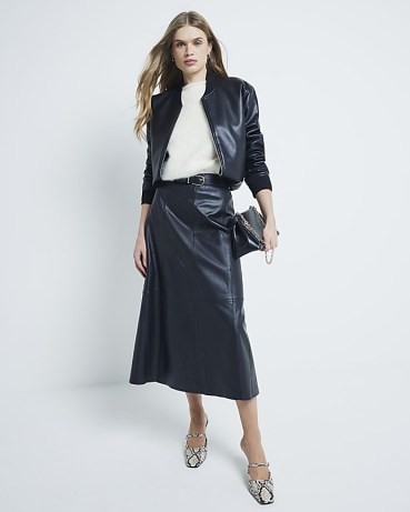 River Island Black Leather A Line Midi Skirt | women’s luxe skirts