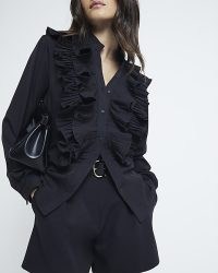 River Island Black Long Sleeve Ruffle Blouse – ruffled blouses – women’s front frill shirt