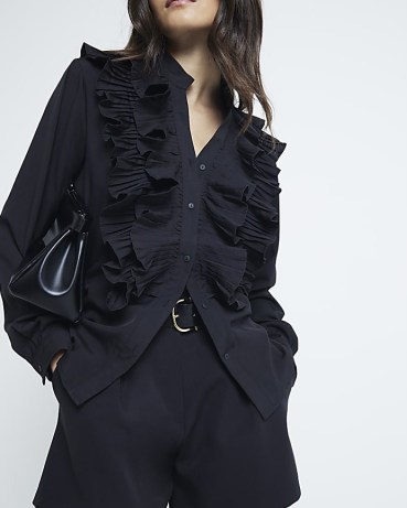 River Island Black Long Sleeve Ruffle Blouse – ruffled blouses – women’s front frill shirt