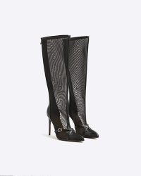 River Island Black Mesh High Leg Heeled Boots – stiletto heel semi sheer boot