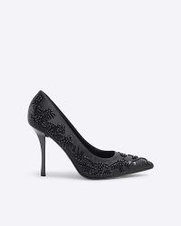 River Island Black Satin Beaded Heeled Court Shoes | bead embellished party pumps | pointed toe skinny heel occasion courts