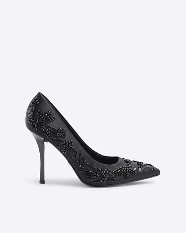 River Island Black Satin Beaded Heeled Court Shoes | bead embellished party pumps | pointed toe skinny heel occasion courts