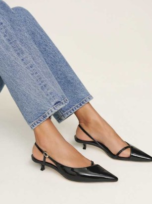 Reformation Sadie Kitten Heeled Slingback in Black Patent – glossy pointed slingbacks – strappy vintage style kitten heels