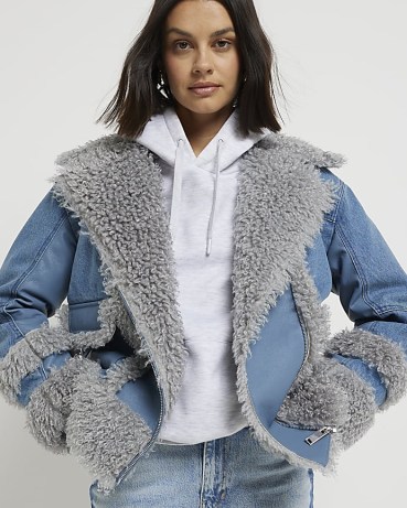 River Island Blue Denim Hybrid Aviator Jacket | women’s casual textured faux fur trimmed winter jackets