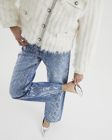 River Island Blue Denim Relaxed Straight Snake Jeans | animal print fashion