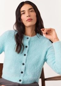 WHISTLES Blue Isla Cropped Fluffy Cardigan in Blue – textured crop hem cardi – cute cardigans