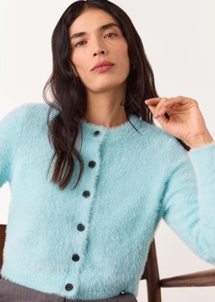 WHISTLES Blue Isla Cropped Fluffy Cardigan in Blue – textured crop hem cardi – cute cardigans