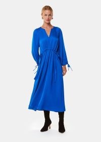 WHISTLES Blue Molly Satin Ruched Dress – silky draped tie cuff midi dresses