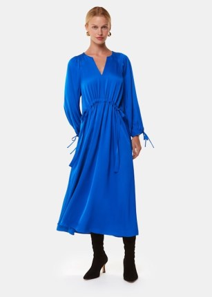 WHISTLES Blue Molly Satin Ruched Dress – silky draped tie cuff midi dresses