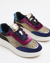 River Island Blue Velvet Lace Up Trainers | plush sneakers | womens tonal colour block trainer