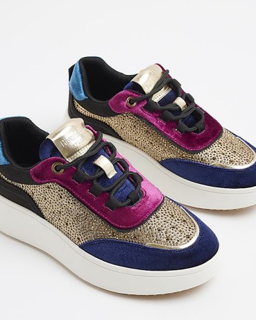 River Island Blue Velvet Lace Up Trainers | plush sneakers | womens tonal colour block trainer