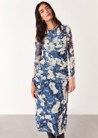 WHISTLES Blue Batik Marble Mesh Dress – long sleeve gathered detail midi dresses