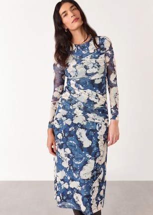 WHISTLES Blue Batik Marble Mesh Dress – long sleeve gathered detail midi dresses